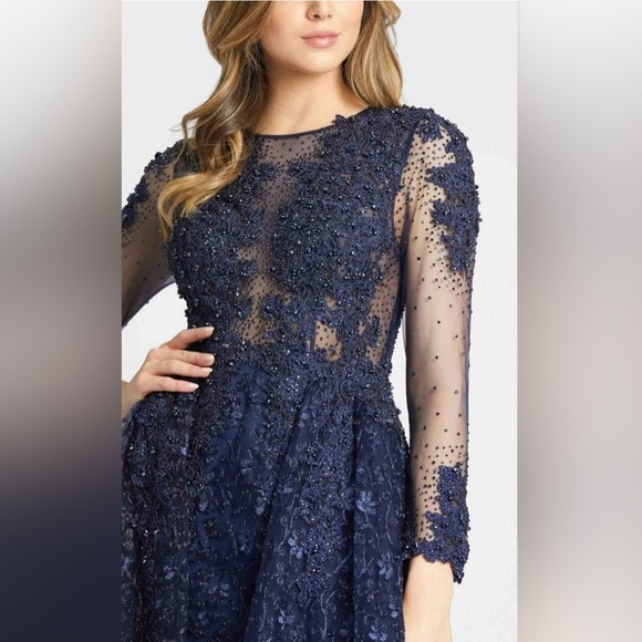 NWT $798 Mac Duggal Sheer Bodice Embroidered Illusion Maxi Dress Gown Navy Sz 16 - Picture 5 of 17